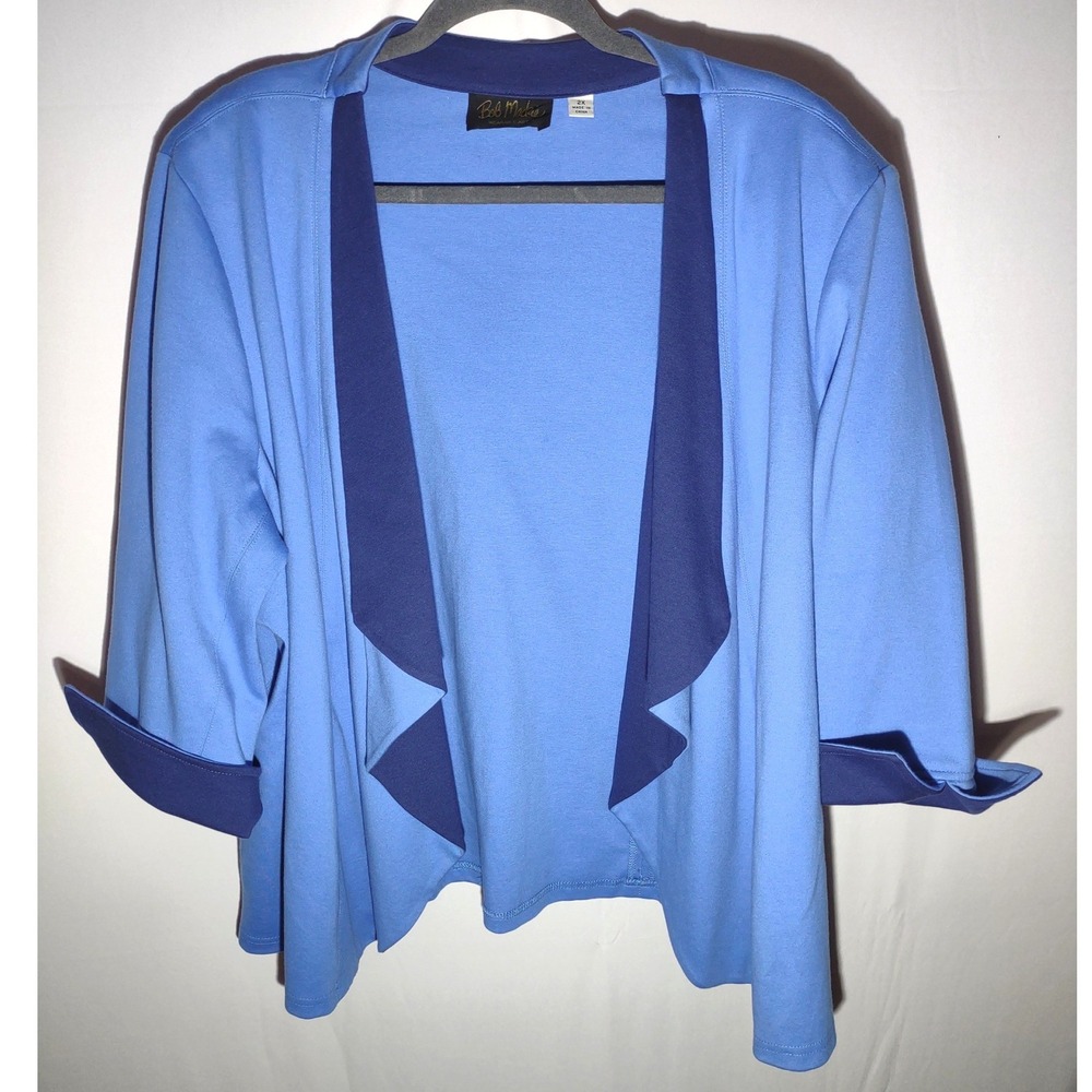 Bob Mackie Wearable Art Blue Navy Trim Cardigan Open Front‎ Jacket 2X